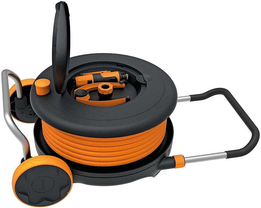 Fiskars Waterwheel M, All-Inclusive-Bewässerungs-Set, Gartenschlauch, Schlauchwagen mit Ø 13 mm