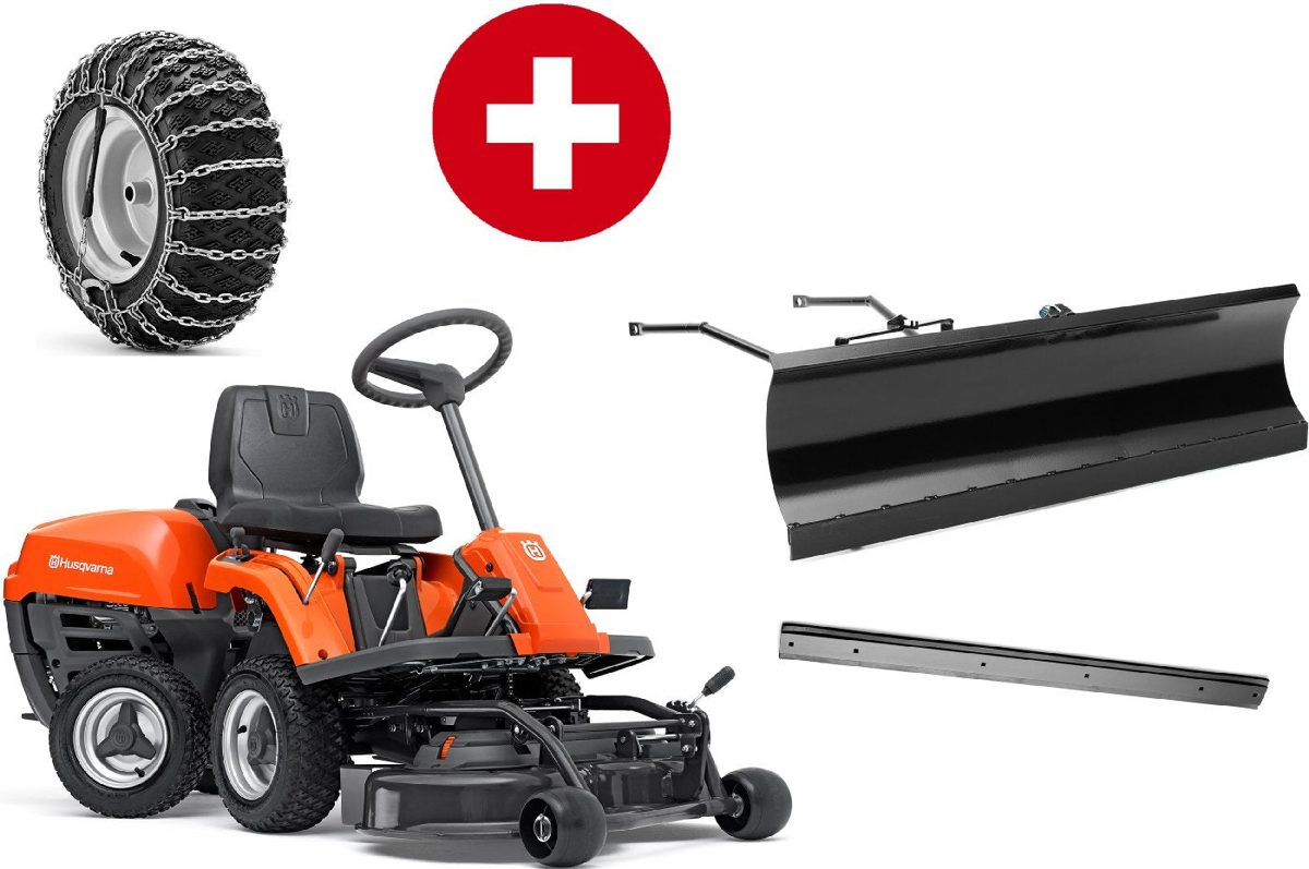 Husqvarna Frontmäher R 112C mit Mähdeck Combi 85 - Winterpaket mit Schneeschild, Gummileiste und Schneeketten