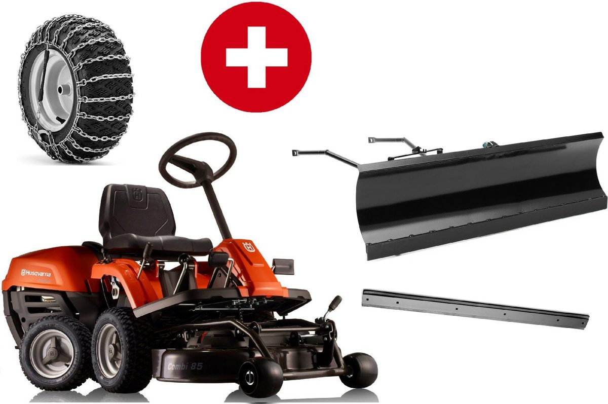 Husqvarna Frontmäher R 112C5 mit Mähdeck Combi 85 - Winterpaket mit Schneeschild, Gummileiste und Schneeketten