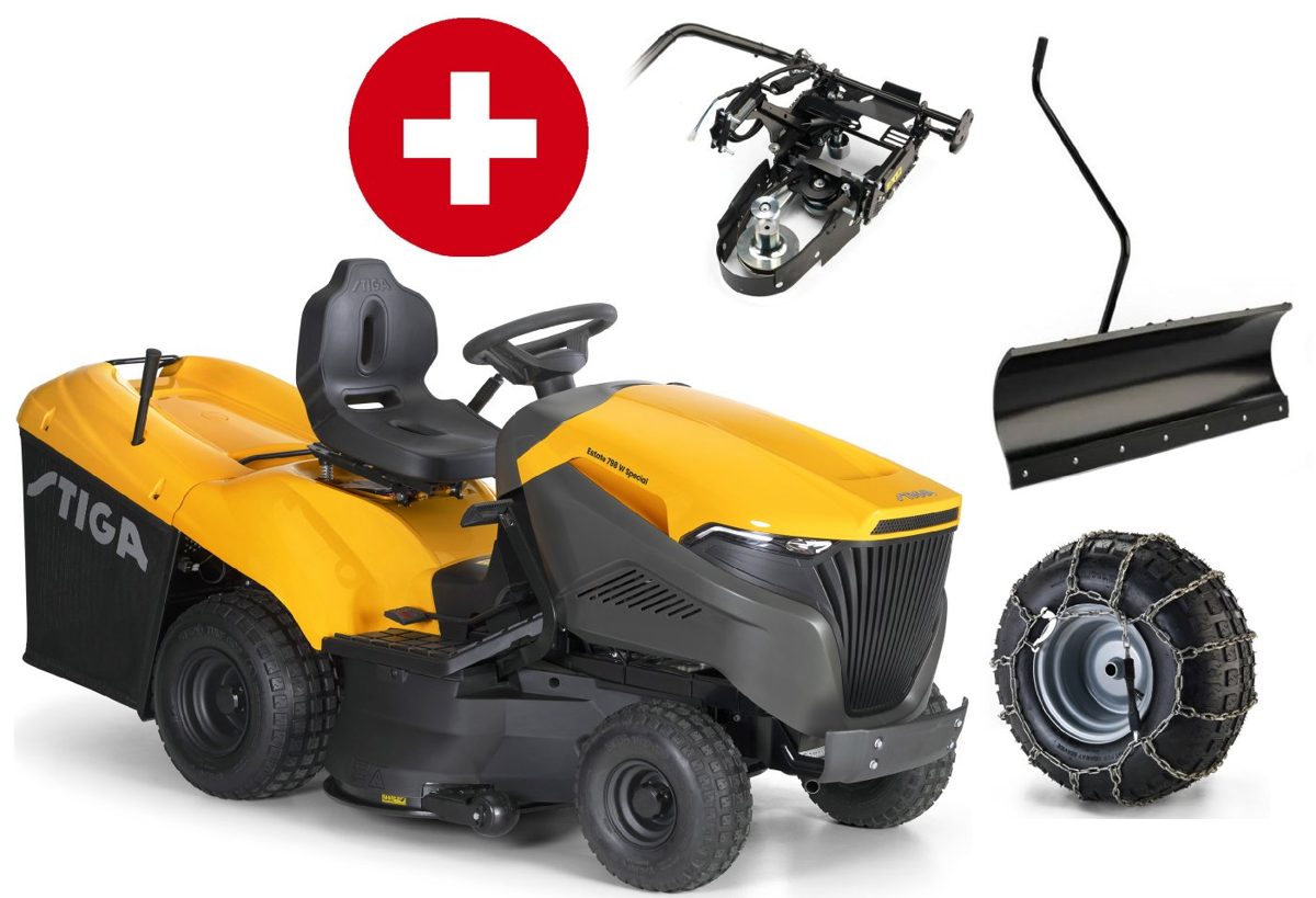 Stiga Rasentraktor Estate 798 W Special HONDA Winterpaket mit 120 cm Schneeschild, PTO-Kit und Schneeketten